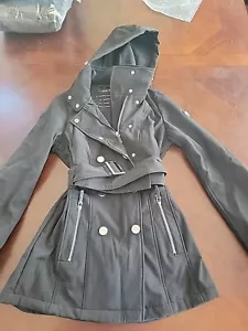Calvin Klein Jacket Womens XS Black Belted Softshell Fleece Lined Long Hooded - Picture 1 of 13