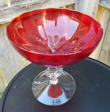 Red Ribbed Compote Tazza Empoli Glass Cornucopia Twist Stem Italian Art Glass 