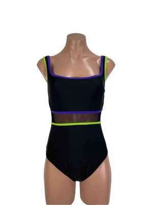 Speedo Swimsuit Vintage 8 One Piece Black Mesh Cut-out Colorblock Underwire - Image 1 of 4