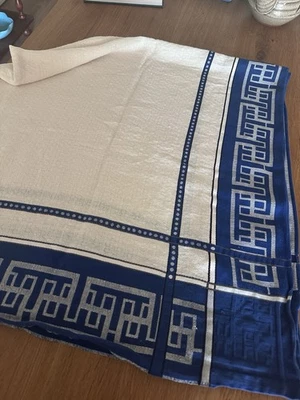 Vintage Blue & White Greek Key Pattern Damask Tablecloth Grecian Style 48” X 48” - Image 1 of 4