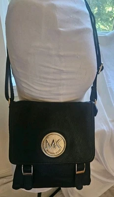Michael Kors Black Pebbled Leather Fulton Crossbody/Shoulder Bag Purse W Gold  - Image 1 of 4