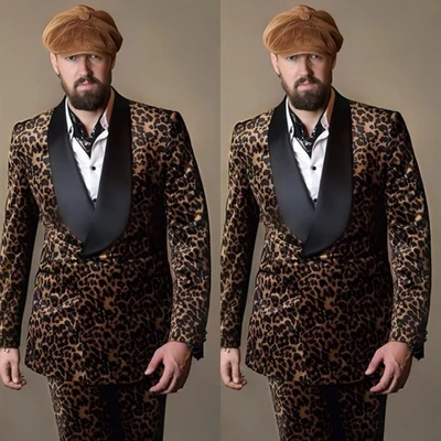 Леопардовый принт мужские костюмы шаль лацкан двубортный свадьбы жених смокинг 2 шт. - Изображение 1 из 4