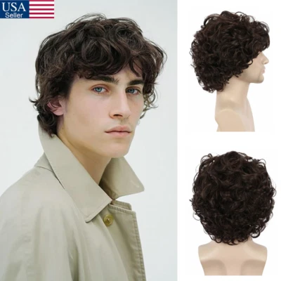 男式短卷曲波浪棕色黑色假发动漫角色扮演万圣节派对服装头发 — 第 1/4 张图片