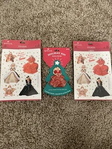 NEW on Card 1995 Hallmark BARBIE Holiday Lapel PIN Red Dress Bonus Stickers - Picture 1 of 5