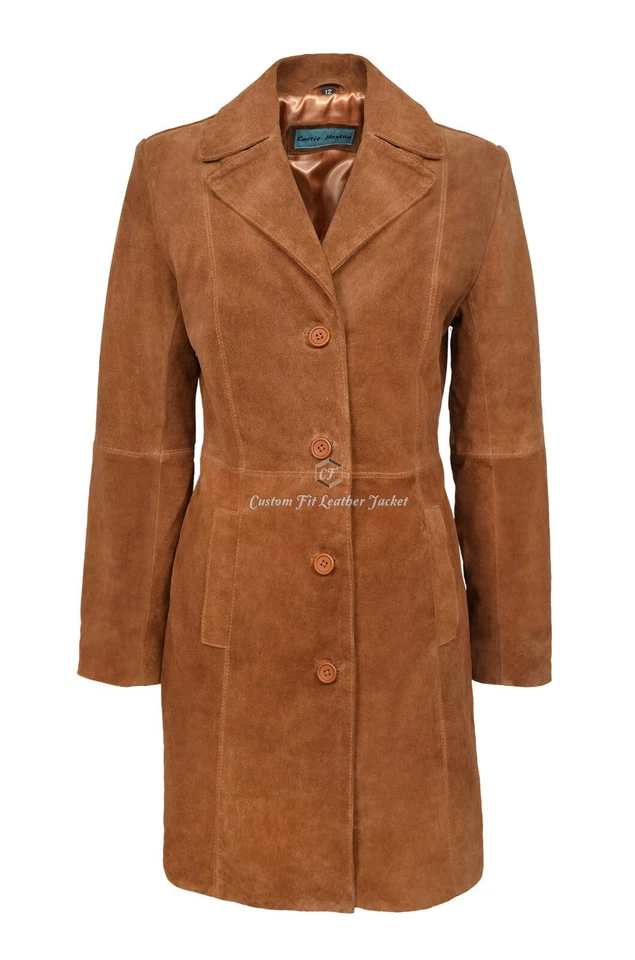 Ladies Leather Coat Tan Classic Knee-Length Designer Suede Leather Coat 3457 - Image 1 of 4