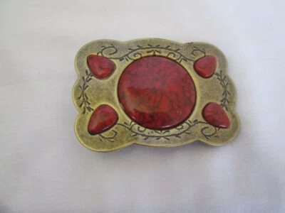 Red Turquoise Stone Western Belt Buckle Brass Tone 5 Stones - Image 1 of 2