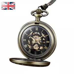 Pocket Watch Roman Numerals Dial Vintage Skeleton Mechanical Movement Chain - Picture 1 of 22