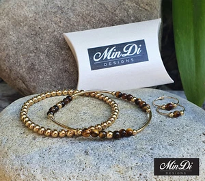 1/20 14K Yellow Gold Filled Bracelets & Matching Earrings With Tiger's Eye. - Picture 1 of 7