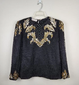 Vintage Laurence Kazar Long Sleeve Sequin Silk Black Gold Top Blouse Size L - Picture 1 of 11