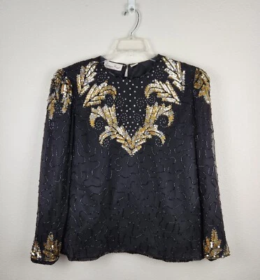 Vintage Laurence Kazar Long Sleeve Sequin Silk Black Gold Top Blouse Size L  - Image 1 of 4