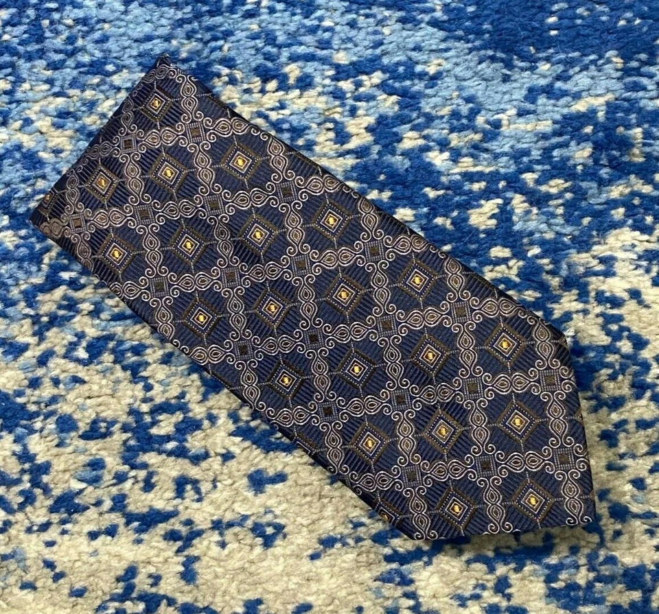 Corbata John W. Nordstrom Azul Marrón Dorado Geométrica Seda Hecha en EE. UU. Foto 1 de 4
