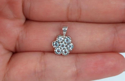 $1,200 14K White Gold 0.50ct Round Cut Aquamarine Flower Pendant Necklace - Image 1 of 4