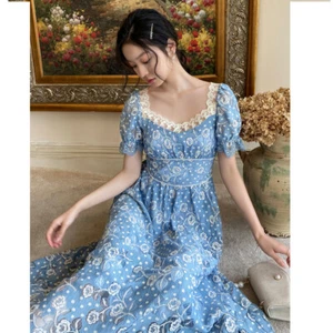 Abito da tè donna floreale rosa pizzo sbuffo manica corta volant retrò cottagecore - Foto 1 di 14