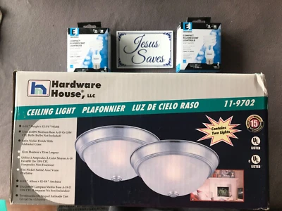 2- Hardware House Flush Mount Ceiling Light Fixture Satin Nickel 11-9702 & Bulbs - Image 1 of 2