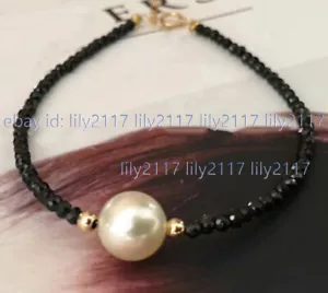 3mm Faceted Black Spinel Gems White Shell Pearl Round Pendant Bracelet 7.5'' AA - Picture 1 of 3