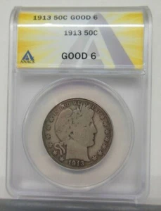 1913 Silver Barber Half Dollar ANACS Good 6 *Nice Original Low Mintage Coin* - Picture 1 of 2