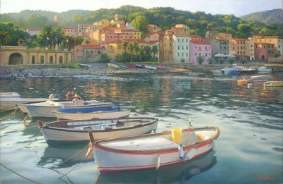 Junio CAREY Rio Marina Edición Limitada Lona Isla de Elba Italia ARTE Barcos Vibrante Foto 1 de 4