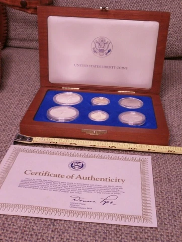 1986 Statue Of Liberty Ellis Island Proof & UNC 6 Coin Silver & Gold Set, COA Cover