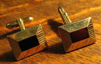 Swank Gold Ruby Mid Century Cufflinks - Vintage Raised Rectangle Mod Cuff Links - Image 1 of 4