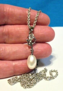 STERLING SILVER PEARL WHITE TOPAZ PENDANT ON CHAIN NECKLACE 24" 7 GRAMS - Picture 1 of 2