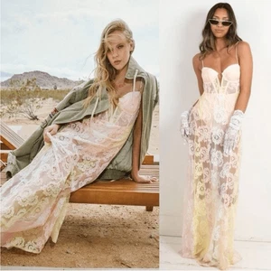 Maxi abito in pizzo rosa e giallo con fiori For Love & Lemons nuovo con etichette taglia XS $359 MSRP - Foto 1 di 14