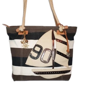 BRIGHTON RARE SCHOONER WINDSTAR APPLIQUE SAILBOAT NAUTICAL CANVAS XL BEACH TOTE - Picture 1 of 17