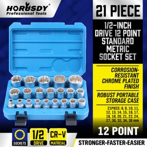21Pc 12-Point Socket Set 1/2-inch Drive Grip Sleeve Storage Case Metric 8mm-36mm - Picture 1 of 9