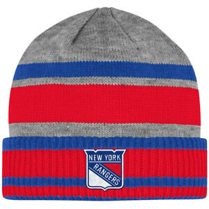 New York Rangers NHL Cuffed Stripe Beanie Knit Hat Cap Heathered Gray Adidas Men