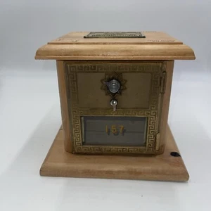 Vintage Oak Wood Post Office Mail Bank Lock with Brass Coin Slot And Brass Door - Picture 1 of 14
