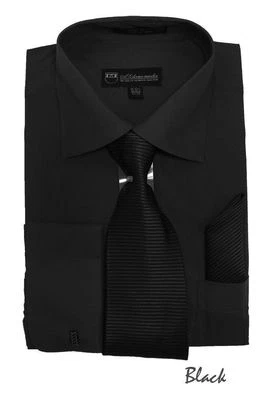 Camisa de vestir de puño francés para hombre cuello extendido con corbata a juego + pañuelo negra Foto 1 de 3