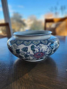 Vintage Porcelain Tureen Hand Painted Pink Lotus Vase Round China Blue Candy - Picture 1 of 8
