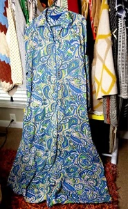 Vintage 1960s Groovy House Dress Blue Paisley By Sears Longsleeve - Picture 1 of 5
