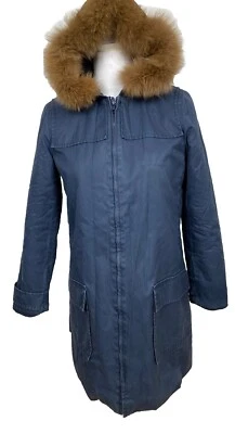 A.P.C. Damen S/36 Parka Jacke Baumwolle Fuchs Pelz Fleece Gefüttert Navy - Bild 1 von 4