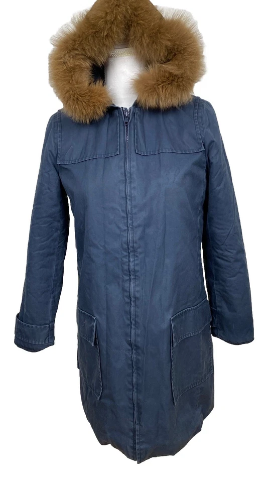 A.P.C. Damen S/36 Parka Jacke Baumwolle Fuchs Pelz Fleece Gefüttert Navy - Bild 1 von 4