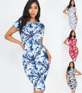 Women Tie-dye Printed Midi T-Shirt Dress Bodycon Short Sleeve Scoop Neck Stretch - Picture 1 of 13