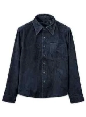 New Men's Navy Blue Suede Shirt Real Soft Sheepskin Suede Causal Overshirt - Image 1 of 4