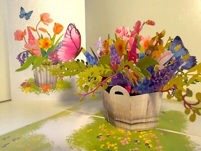 ORIGAMI POP CARDS Spring Flowers in Bucket with Butterflies Happy Anniversary 3D — 第 1/4 张图片