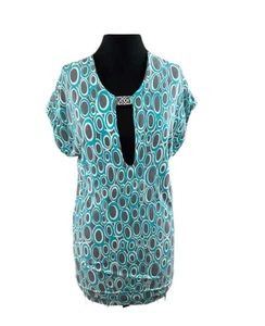 Trina Turk Turquoise Gray Geometric Print Short Sleeve Tunic Top Size XS - Picture 1 of 7