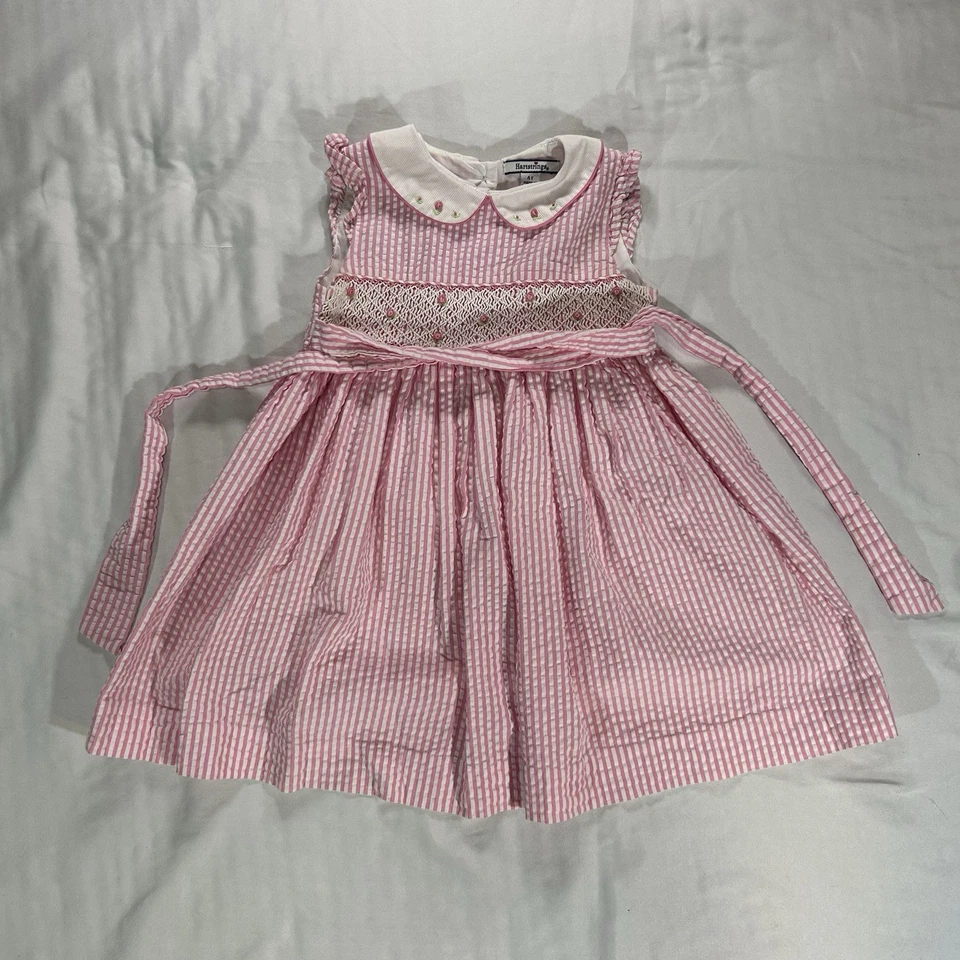 Hartstring Girls 4T Sleeveless Pink & White Checked Seersucker Dress Tie Back - Image 1 of 4