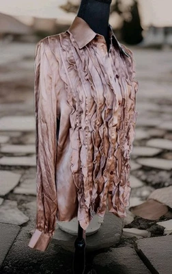 JUST CAVALLI SATEEN BLOUSE W/RUFFLES LONG SLEEVES KHAKI COLOR W SZ.12 /EU 48 NEW - Image 1 of 4