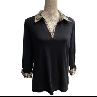 Rebecca Malone size XL black animal print cotton top blouse 3/4 sleeves mob wife - Image 1 of 4