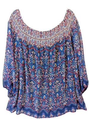 Alyx Top Women Plus sz 2X Blue Floral Peasant Balloon Sleeve Casual Comfy Aztec - Image 1 of 4