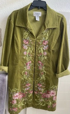 Blazer feminino Cervelle jaqueta longa verde veludo bordado floral boho chique - Imagem 1 de 4
