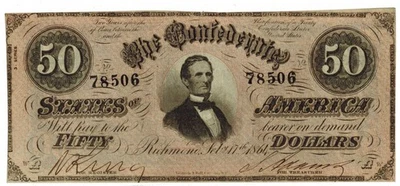 Feb 17, 1864 CONFEDERATE STATES OF AMERICA CSA $50 Currency  T-66 - Image 1 of 2