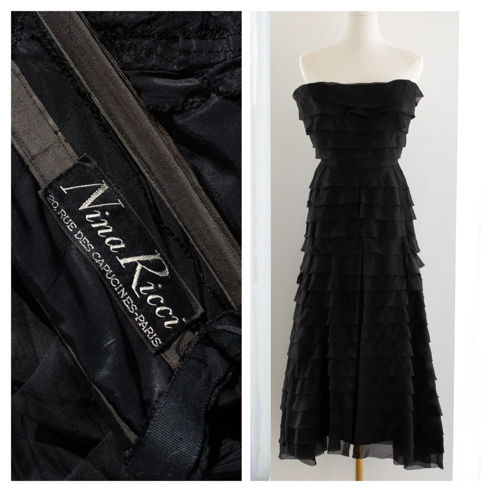 Nina Ricci 1940s Haute Couture Black Tiered Ruffle Strapless Evening Dress - Image 1 of 4