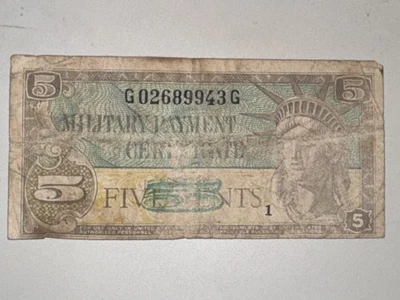 WWII-Era U.S. Military Payment Certificate– 5 Cents Series 472 Statue of Liberty - Image 1 of 2