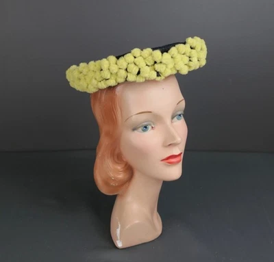 Vintage 1940s Navy Blue Straw Tilt Hat with Yellow Pom-Pom Flowers, Topper - Image 1 of 4