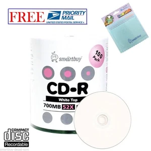 Paquete de 100 Smartbuy 52X CD-R 700MB 80 min Disco Superior Blanco + Paño de Microfibra GRATIS - Imagen 1 de 5