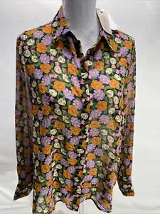 Philosophy Women's Med Green Purple Orange Sheer Floral LS Button Up Blouse Top - Picture 1 of 14