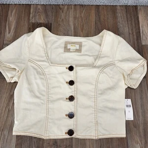 Maeve Anthropologie Size 10 Beige Crop Top Button Front Square Neck Short Sleeve - Imagen 1 de 11